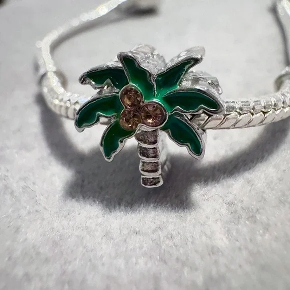 Silver Tone Palm Tree Charm Bracelet Enamel Green Coconuts Rhinestones Women - Picture 6 of 9